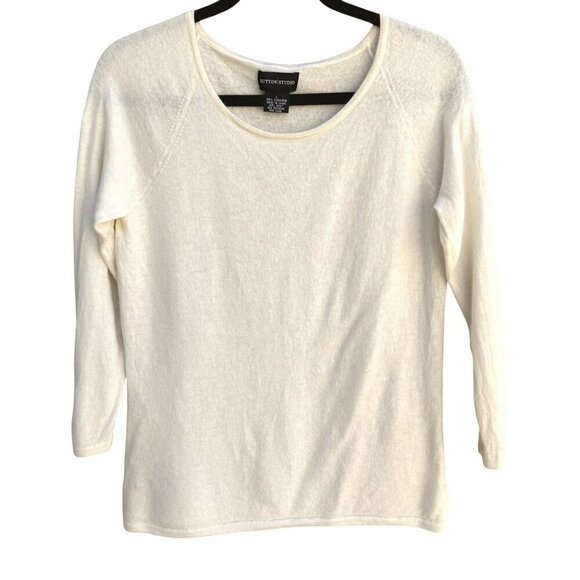 Sutton Studio Womens White Cashmere 3/4 Sleeve Buttoned Cuffs Knit Sweater L - Picture 1 of 9